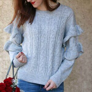 Wayf - Sophie Crop Cable Knit Grey Ruffle Sleeve Sweater - Size Small